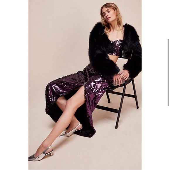 NWT Free People Star Bright Sequin Cropped Top & Maxi Skirt Set Lilac, Size 14 - Picture 3 of 10